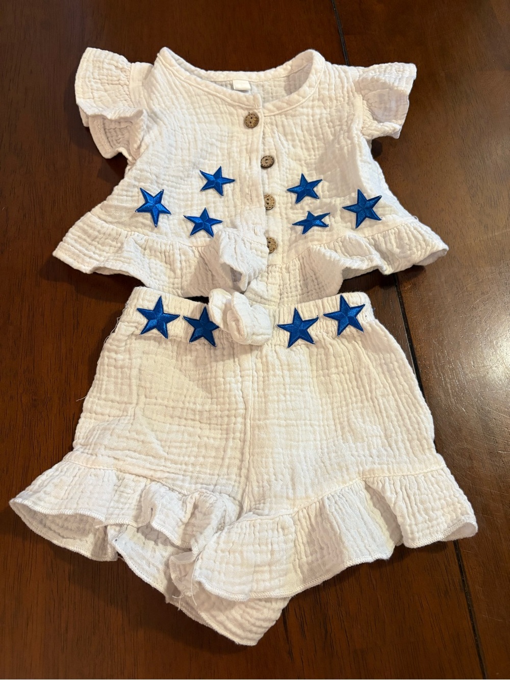 Girls White Ruffle Top & Shorts Set with Blue Star Accents